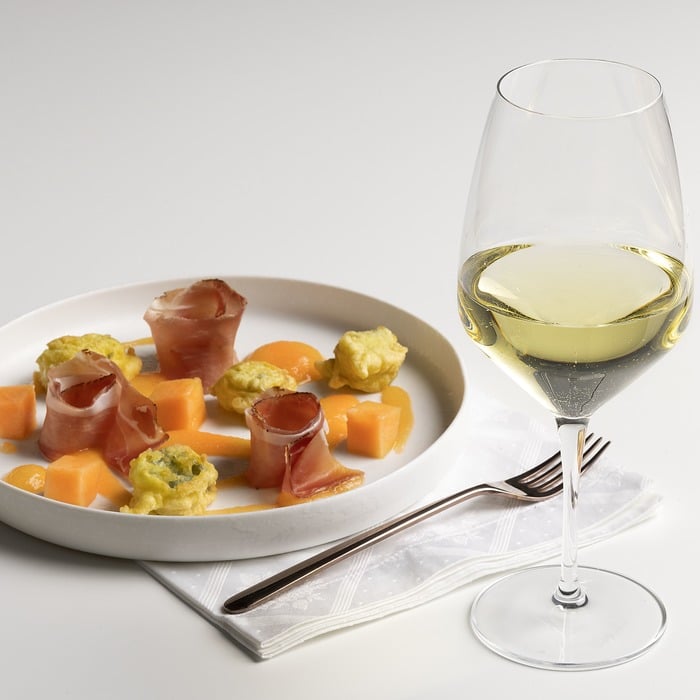 Frullato di melone, speck e crocchette al gorgonzola