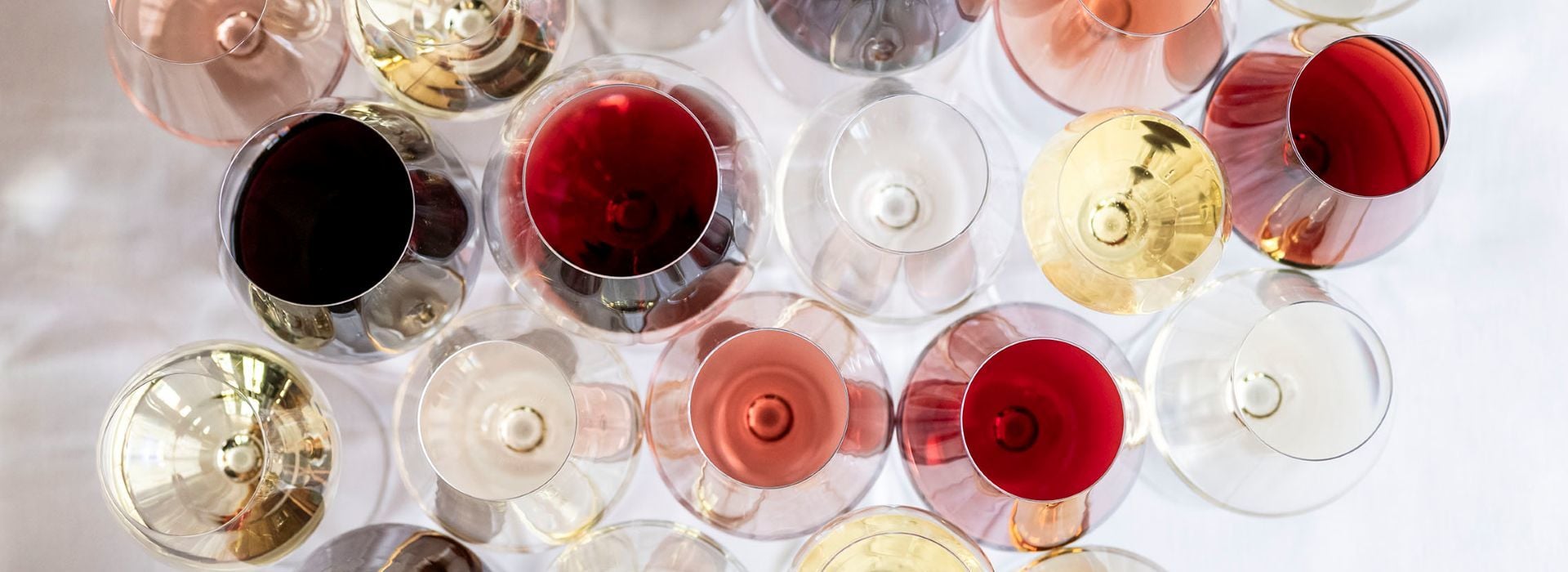 Molti calici da vino disposti uno accanto all’altro, fotografati dall’alto. Si distinguono diversi vini: bianchi, rossi, spumanti e rosé, ognuno servito in un bicchiere diverso.